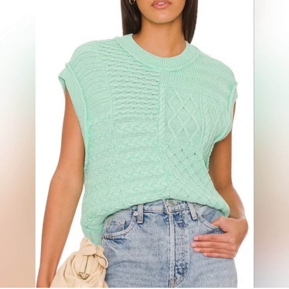 Free People Mint Green Cable-Knit Crewneck Sweater Vest - Picture 2 of 6